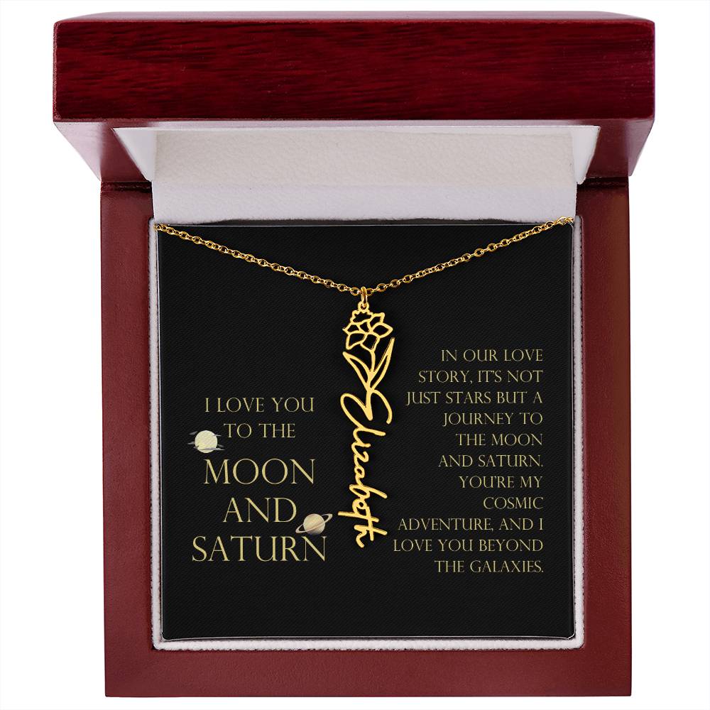 Love You To Moon and Saturn - Love Story Flower Name Necklace