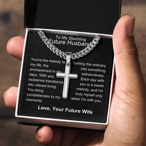 Future Husband - Sweet Melody Personalized Cross Necklace with Cuban Chain