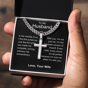 Husband - Happiest Version Personalized Cross Necklace with Cuban Chain