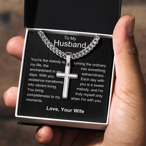 Husband - Sweet Melody Personalized Cross Necklace with Cuban Chain