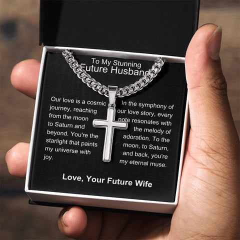 Future Husband - Symphony of Our Love Story Personalized Cross Necklace with Cuban Chain