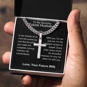 Future Husband - Happiest Version Personalized Cross Necklace with Cuban Chain
