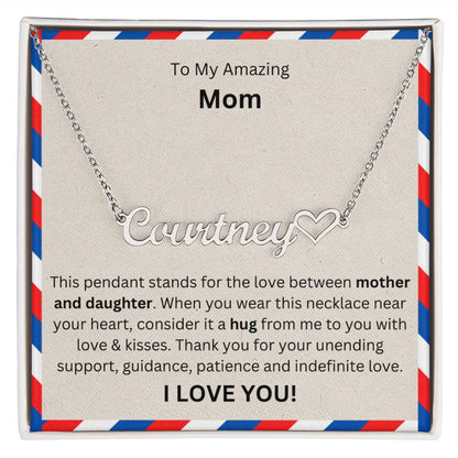 Lurve™ To Mom - Mother And Daughter, Hug Heart Name Necklace