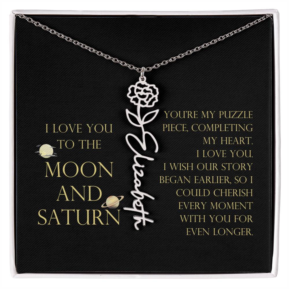 Love You To Moon and Saturn - My Puzzle Piece Flower Name Necklace