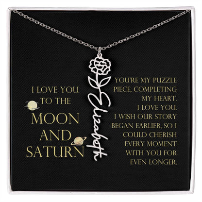 Love You To Moon and Saturn - My Puzzle Piece Flower Name Necklace