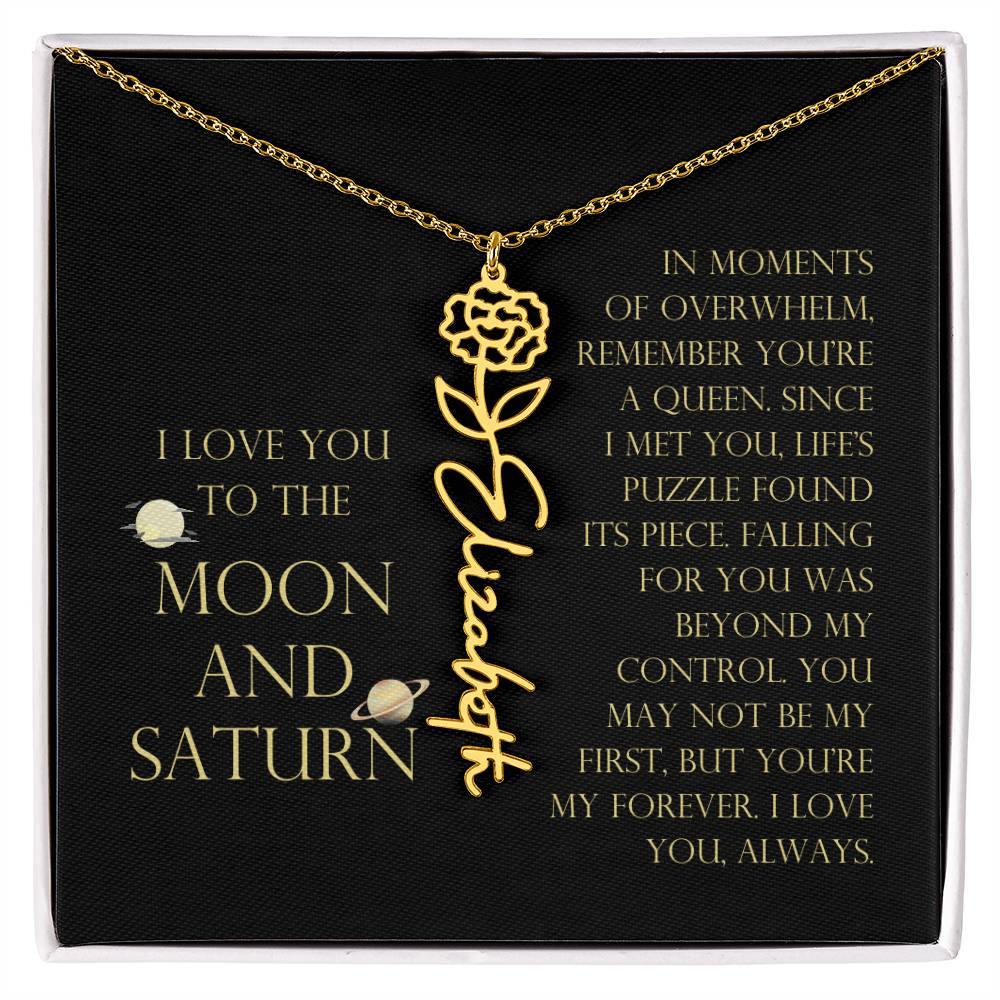 Love You To Moon and Saturn - Life's Puzzle Found It's Piece Flower Name Necklace