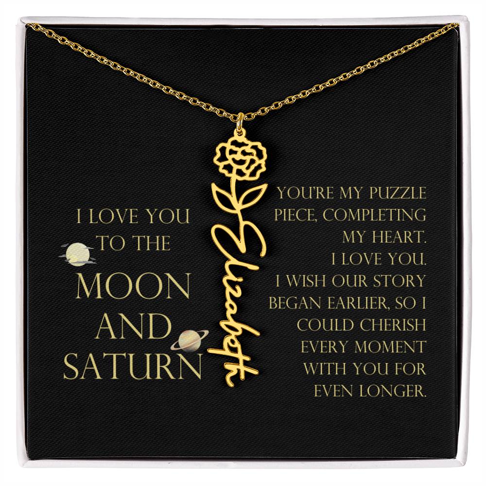 Love You To Moon and Saturn - My Puzzle Piece Flower Name Necklace