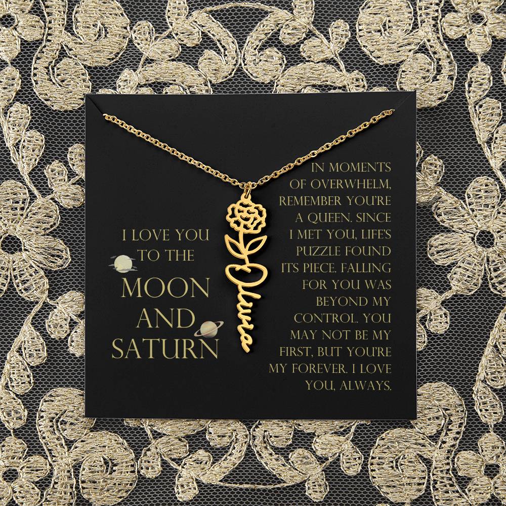 Love You To Moon and Saturn - Life's Puzzle Found It's Piece Flower Name Necklace