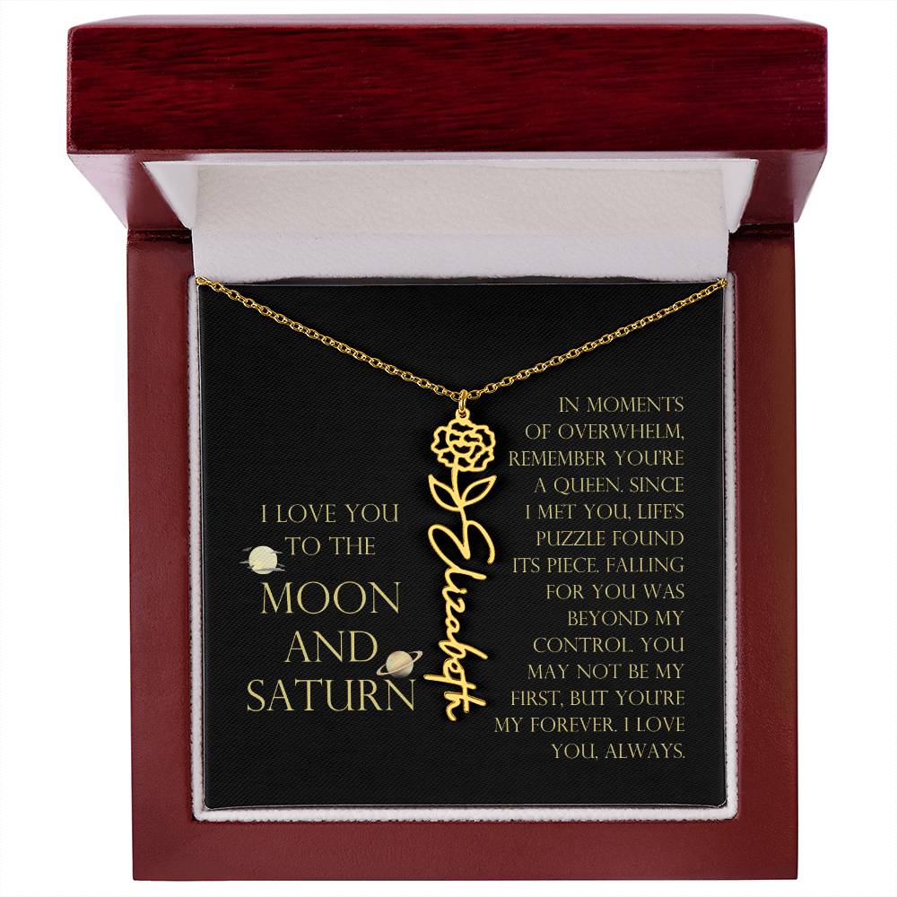 Love You To Moon and Saturn - Life's Puzzle Found It's Piece Flower Name Necklace