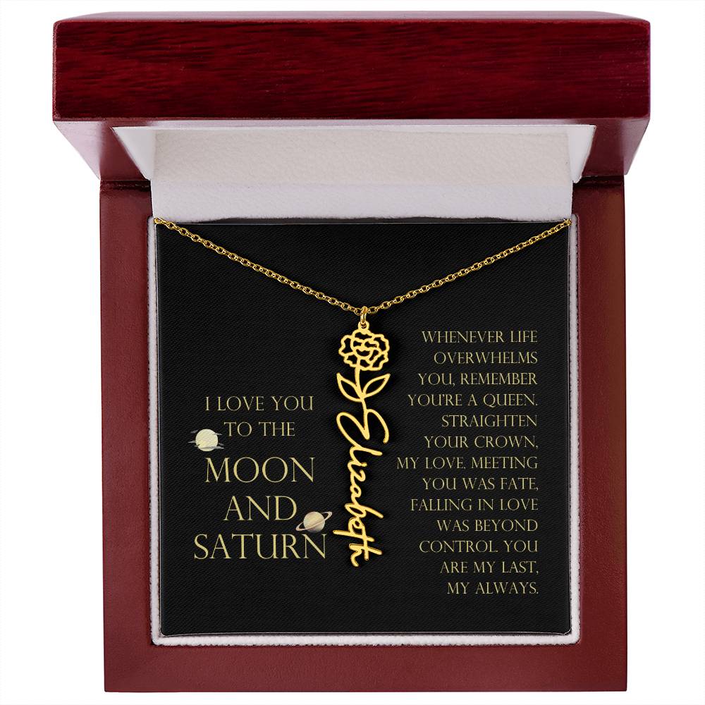Love You To Moon and Saturn - Connection Remains Eternally Strong and True Flower Name Necklace