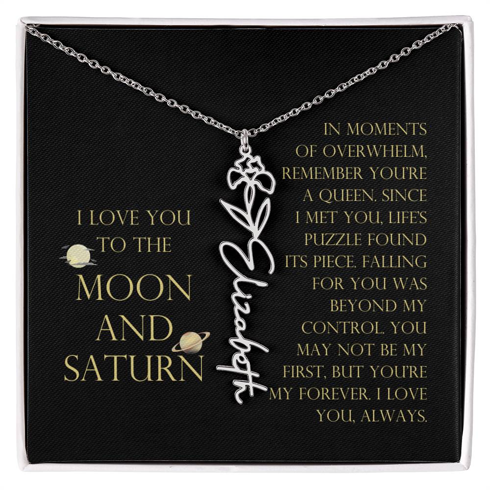 Love You To Moon and Saturn - Life's Puzzle Found It's Piece Flower Name Necklace