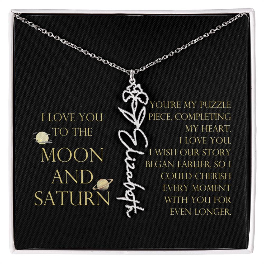 Love You To Moon and Saturn - My Puzzle Piece Flower Name Necklace