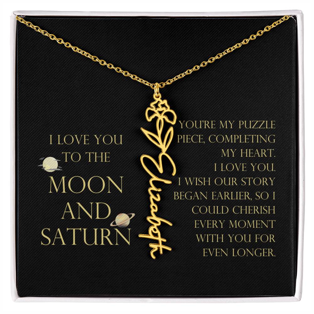 Love You To Moon and Saturn - My Puzzle Piece Flower Name Necklace