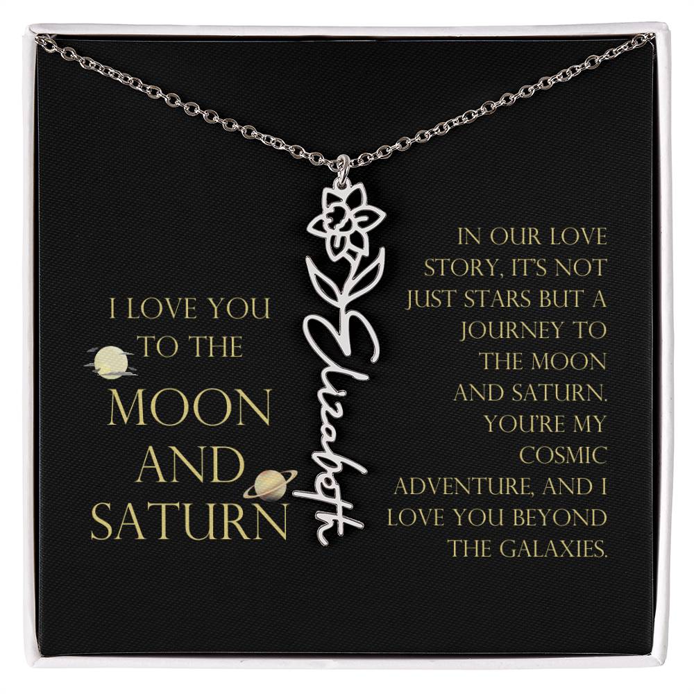 Love You To Moon and Saturn - Love Story Flower Name Necklace