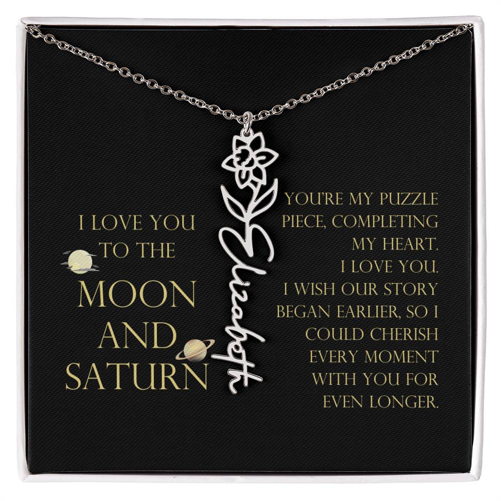 Love You To Moon and Saturn - My Puzzle Piece Flower Name Necklace