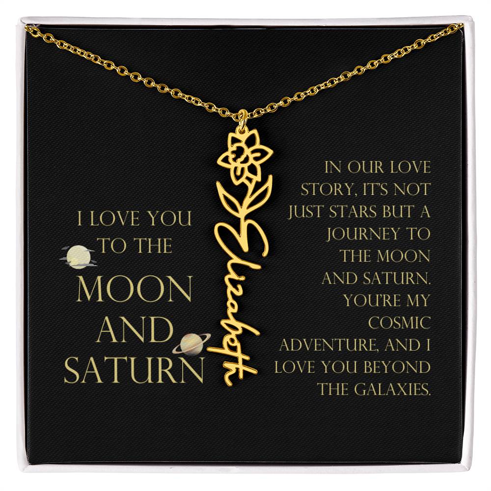 Love You To Moon and Saturn - Love Story Flower Name Necklace