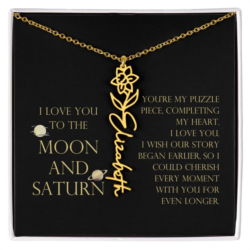 Love You To Moon and Saturn - My Puzzle Piece Flower Name Necklace