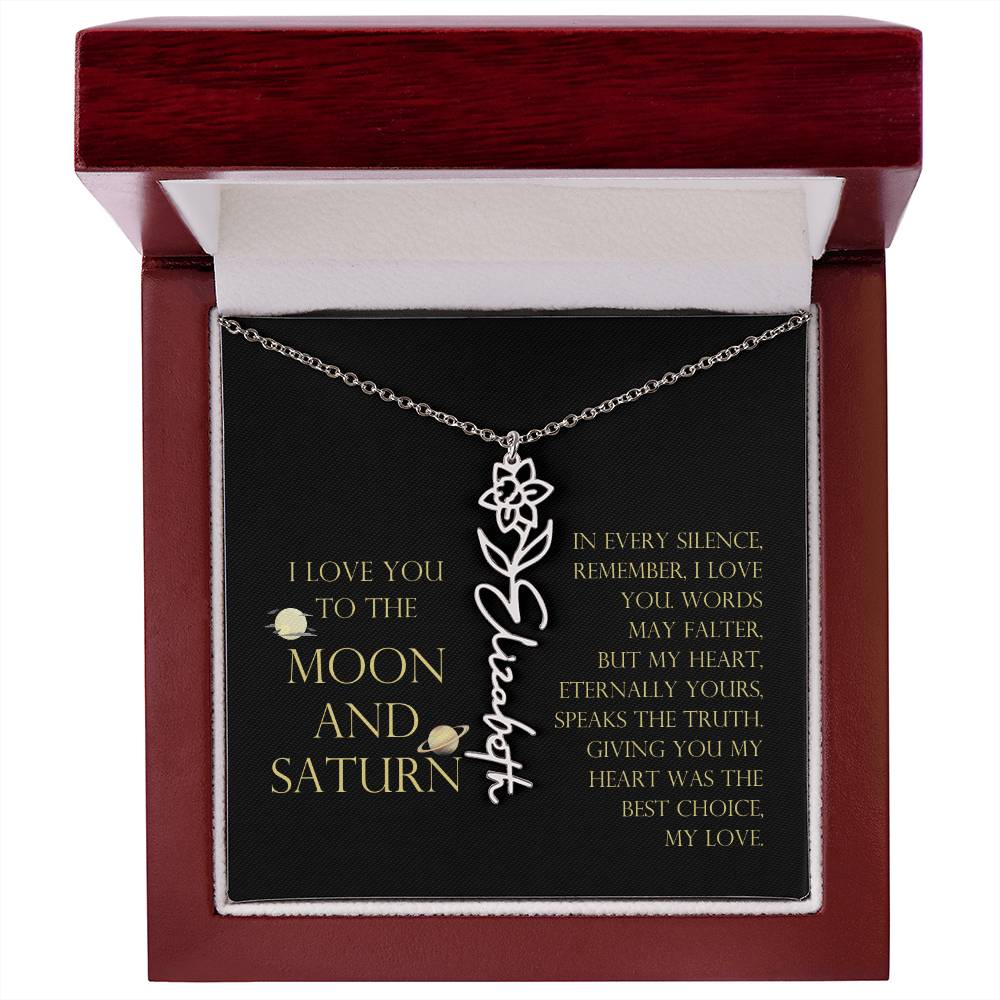 Love You To Moon and Saturn - My Heart Eternally Yours Flower Name Necklace