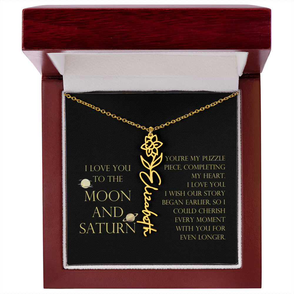 Love You To Moon and Saturn - My Puzzle Piece Flower Name Necklace
