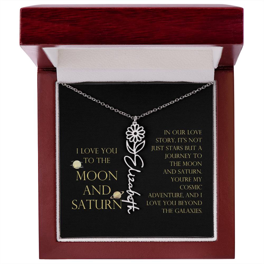 Love You To Moon and Saturn - Love Story Flower Name Necklace