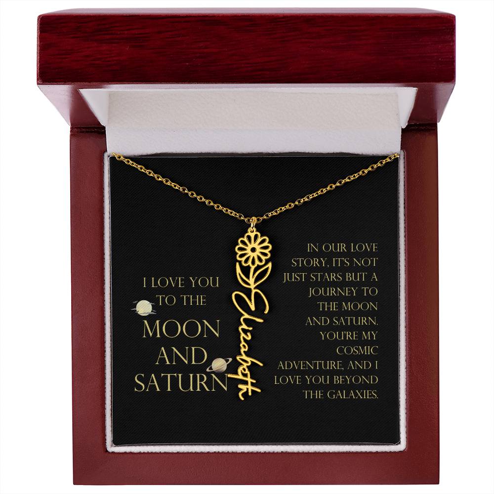 Love You To Moon and Saturn - Love Story Flower Name Necklace