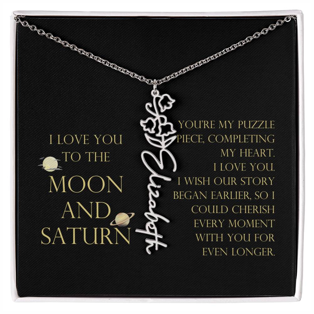 Love You To Moon and Saturn - My Puzzle Piece Flower Name Necklace