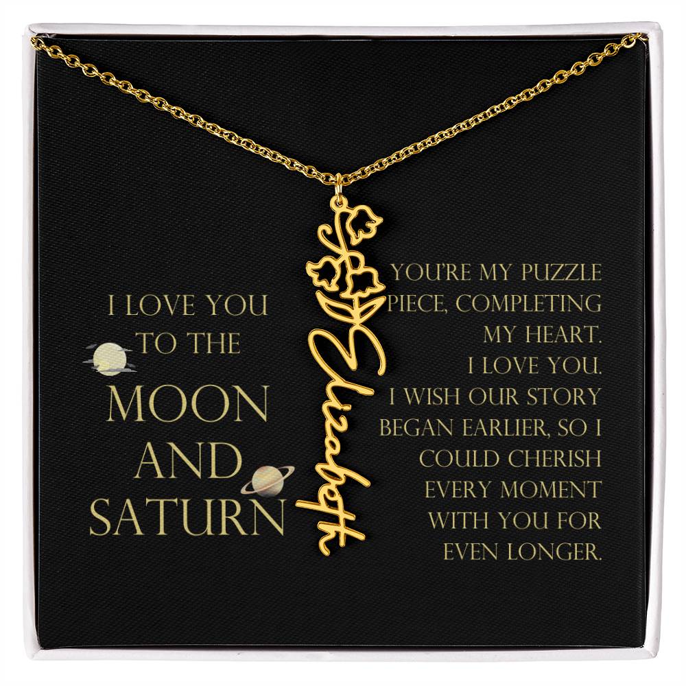 Love You To Moon and Saturn - My Puzzle Piece Flower Name Necklace