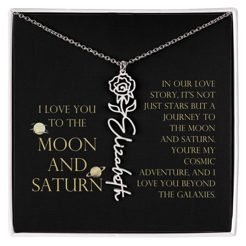 Love You To Moon and Saturn - Love Story Flower Name Necklace