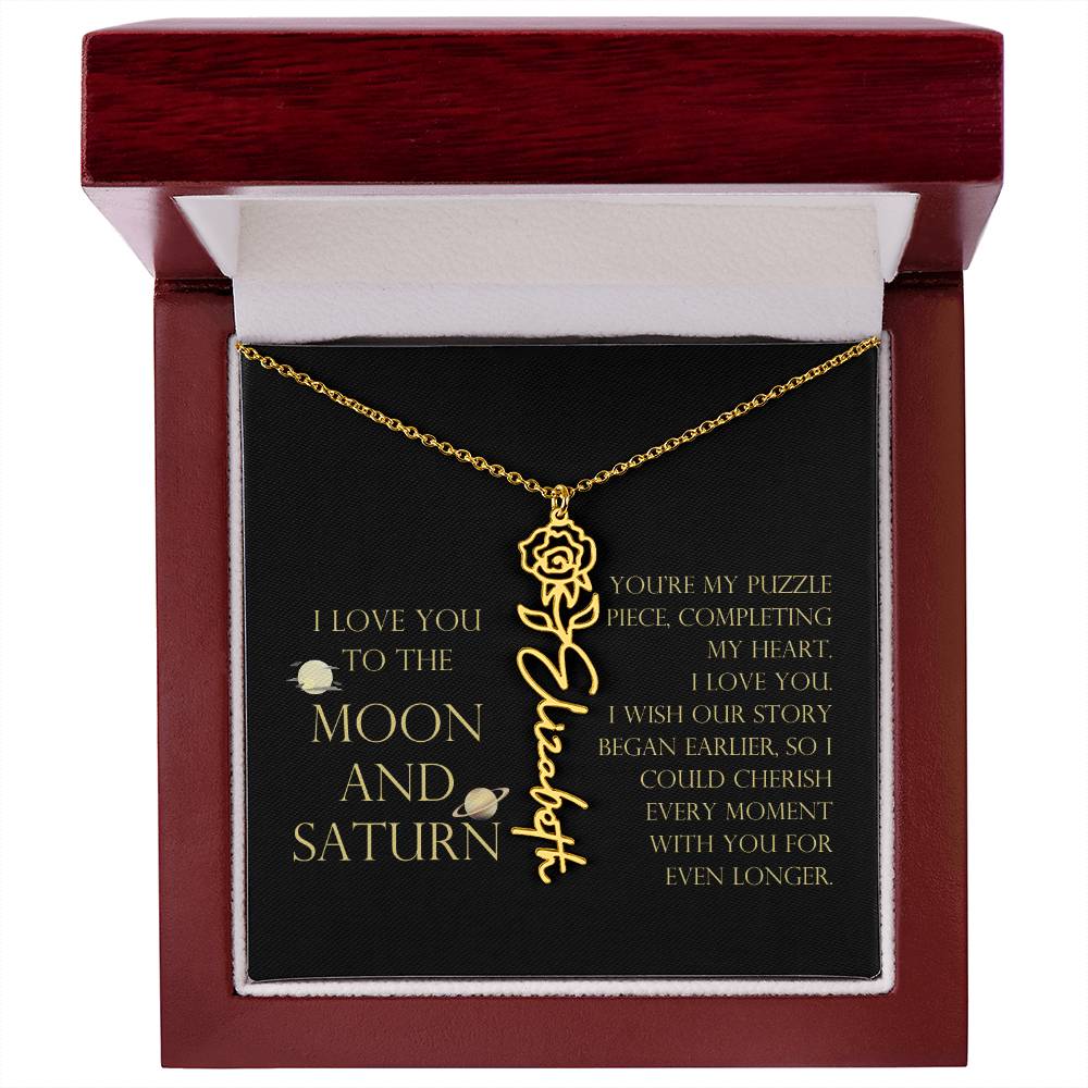 Love You To Moon and Saturn - My Puzzle Piece Flower Name Necklace