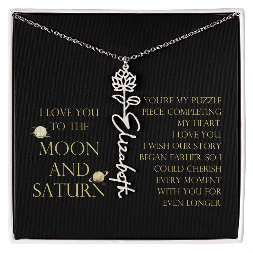 Love You To Moon and Saturn - My Puzzle Piece Flower Name Necklace