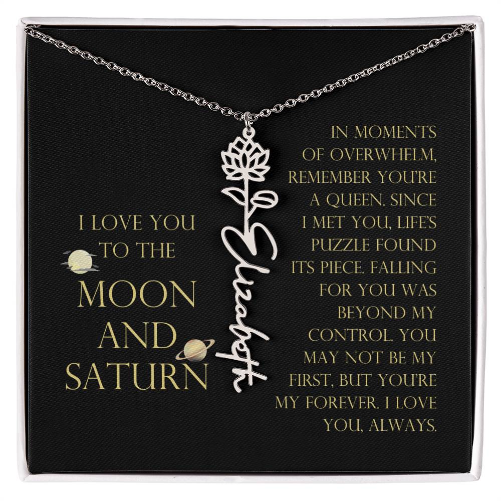 Love You To Moon and Saturn - Life's Puzzle Found It's Piece Flower Name Necklace