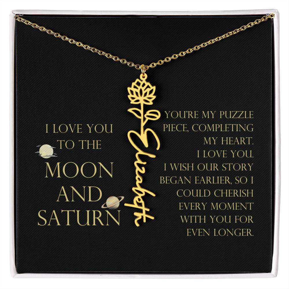 Love You To Moon and Saturn - My Puzzle Piece Flower Name Necklace