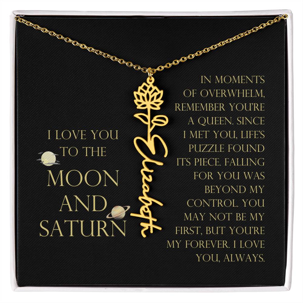 Love You To Moon and Saturn - Life's Puzzle Found It's Piece Flower Name Necklace