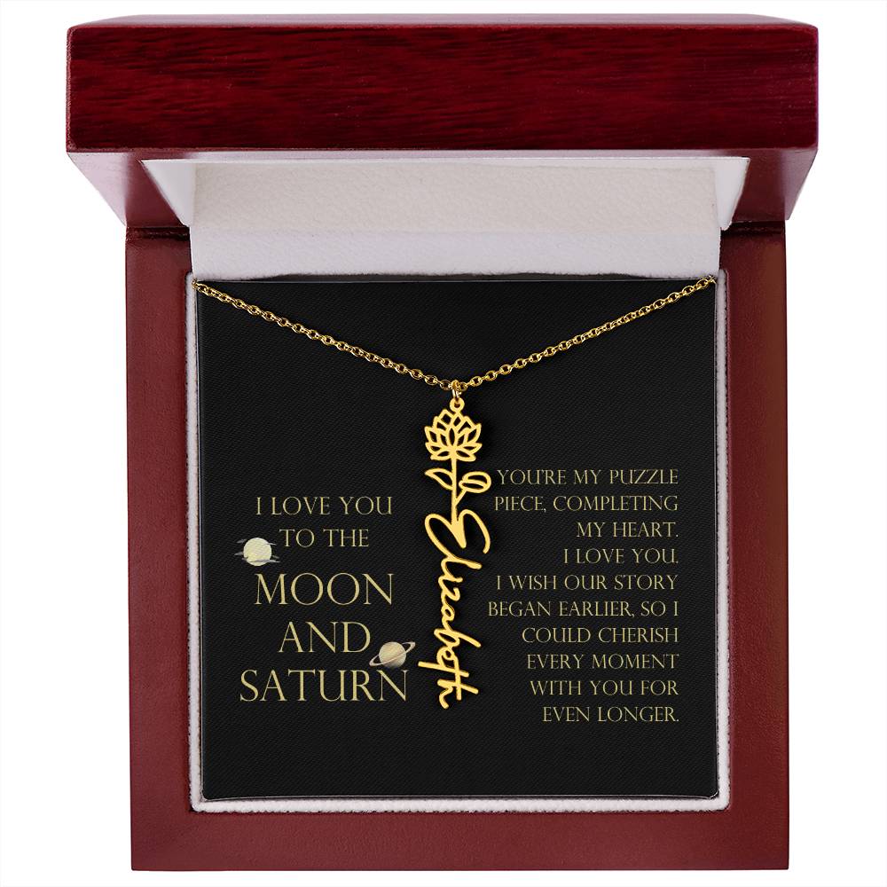 Love You To Moon and Saturn - My Puzzle Piece Flower Name Necklace