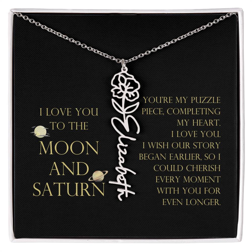 Love You To Moon and Saturn - My Puzzle Piece Flower Name Necklace