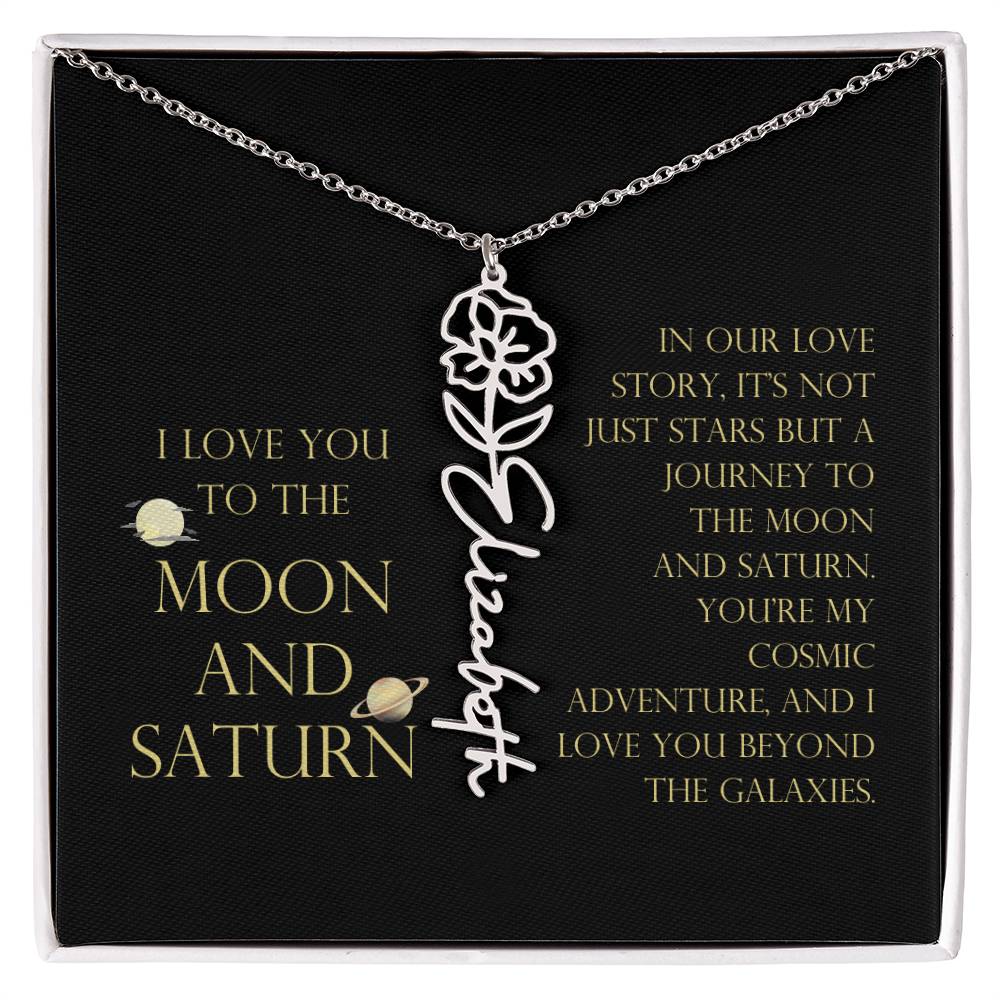 Love You To Moon and Saturn - Love Story Flower Name Necklace