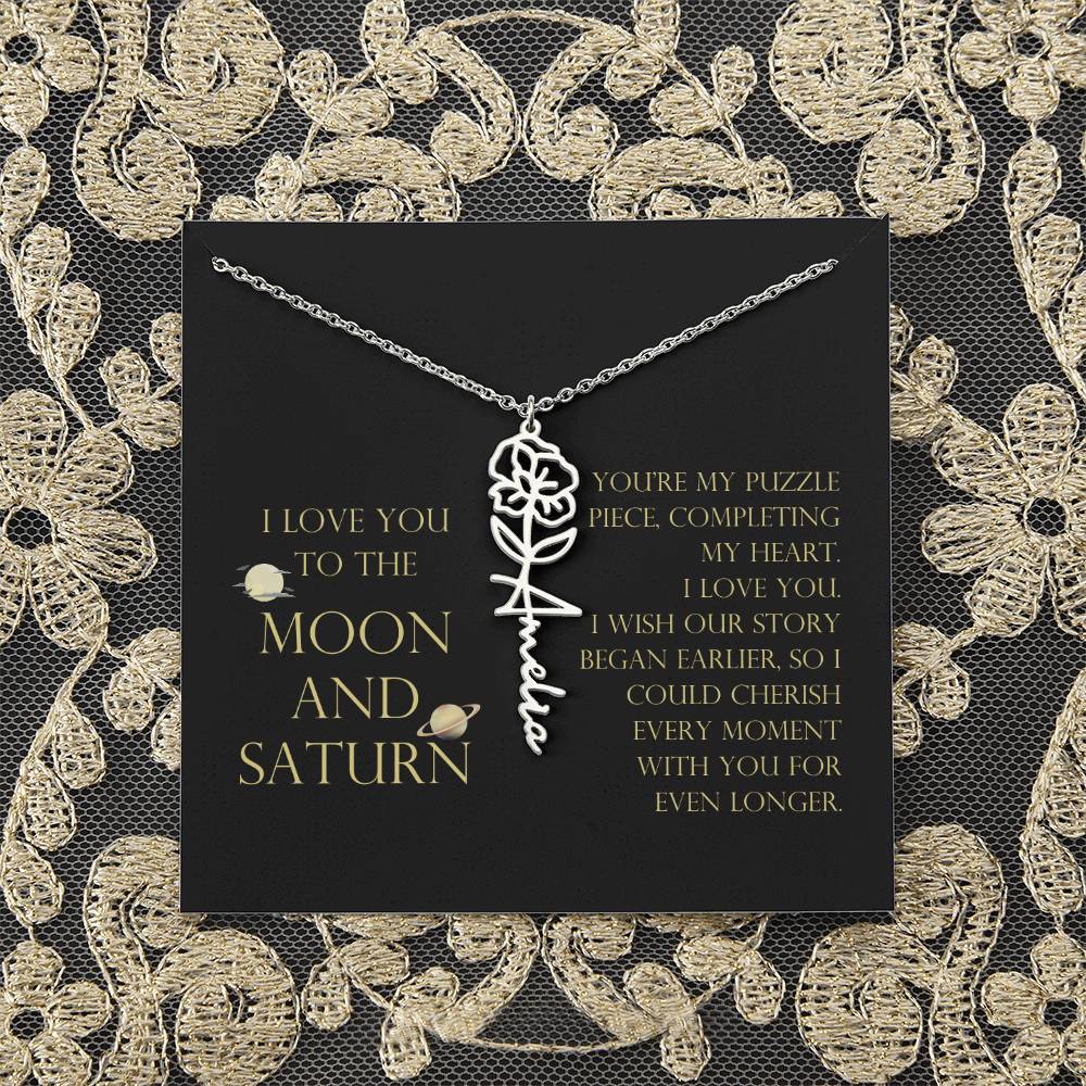 Love You To Moon and Saturn - My Puzzle Piece Flower Name Necklace