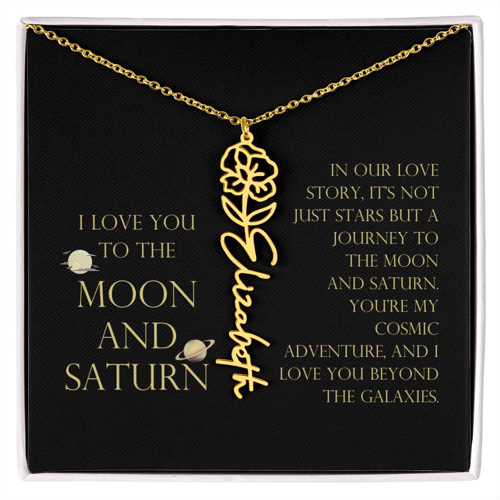 Love You To Moon and Saturn - Love Story Flower Name Necklace