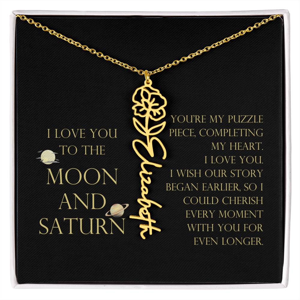 Love You To Moon and Saturn - My Puzzle Piece Flower Name Necklace