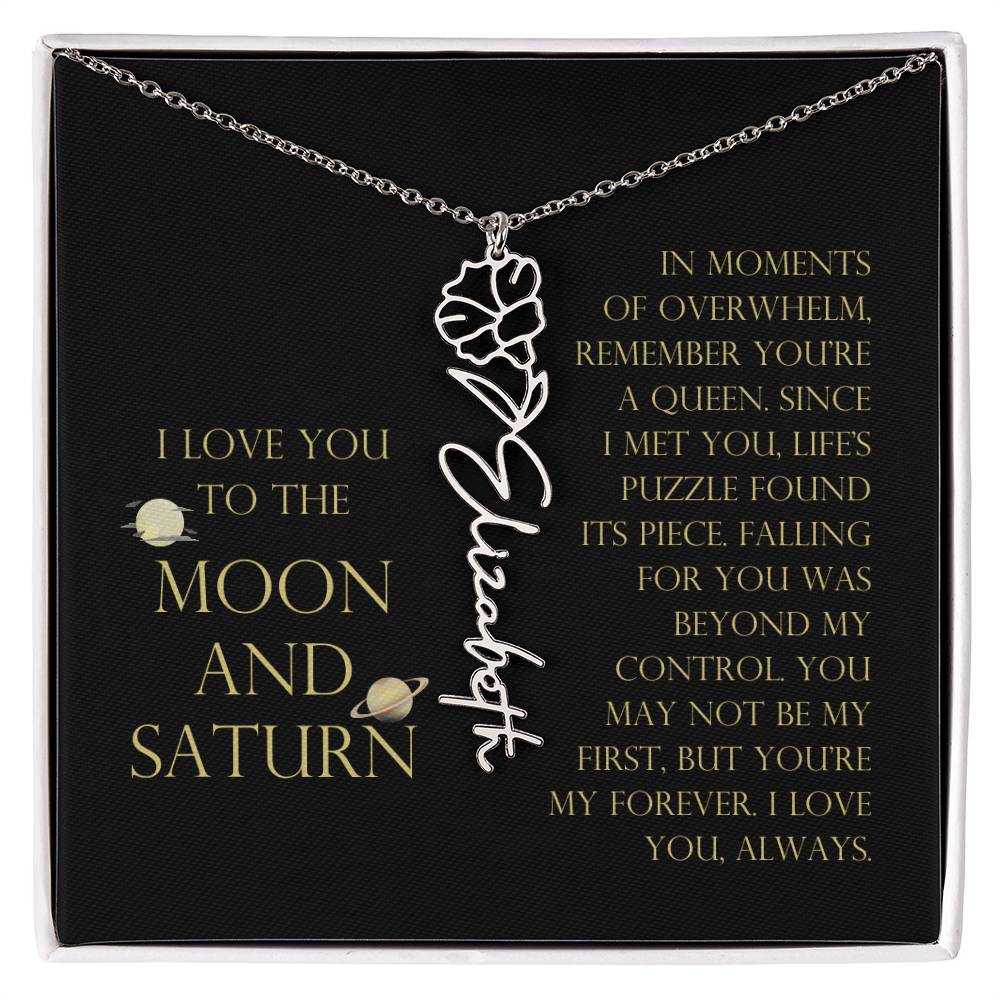 Love You To Moon and Saturn - Life's Puzzle Found It's Piece Flower Name Necklace