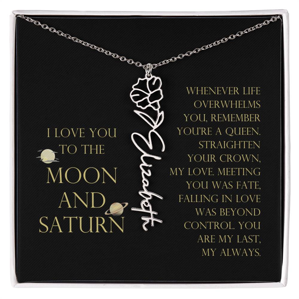 Love You To Moon and Saturn - Connection Remains Eternally Strong and True Flower Name Necklace