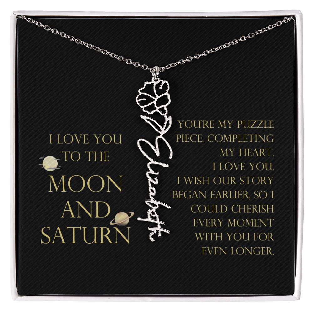 Love You To Moon and Saturn - My Puzzle Piece Flower Name Necklace