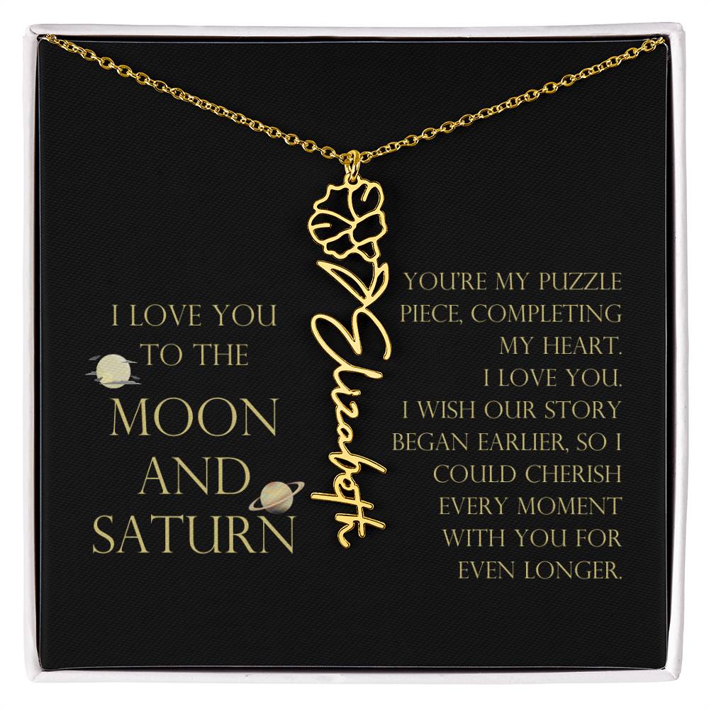 Love You To Moon and Saturn - My Puzzle Piece Flower Name Necklace