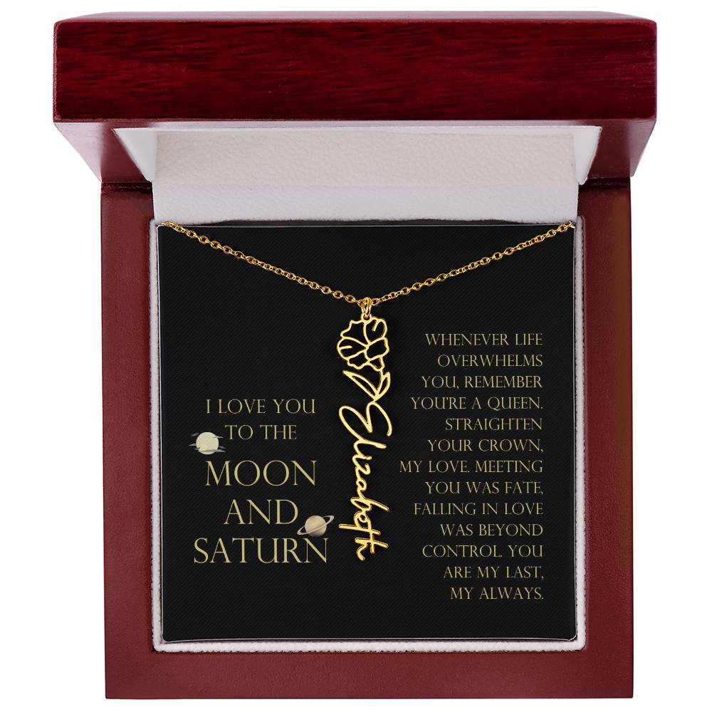 Love You To Moon and Saturn - Connection Remains Eternally Strong and True Flower Name Necklace