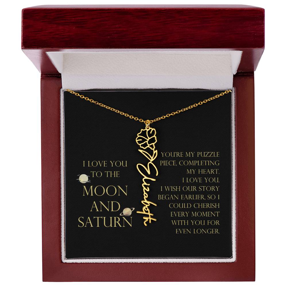Love You To Moon and Saturn - My Puzzle Piece Flower Name Necklace