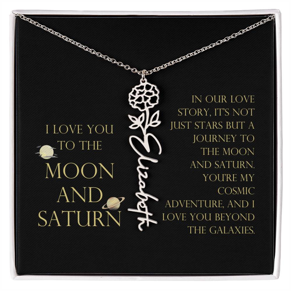 Love You To Moon and Saturn - Love Story Flower Name Necklace