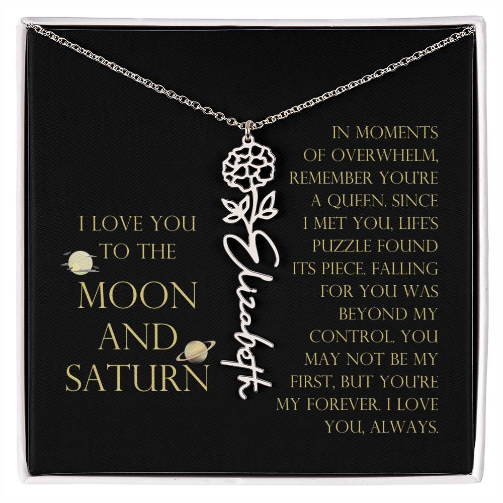Love You To Moon and Saturn - Life's Puzzle Found It's Piece Flower Name Necklace