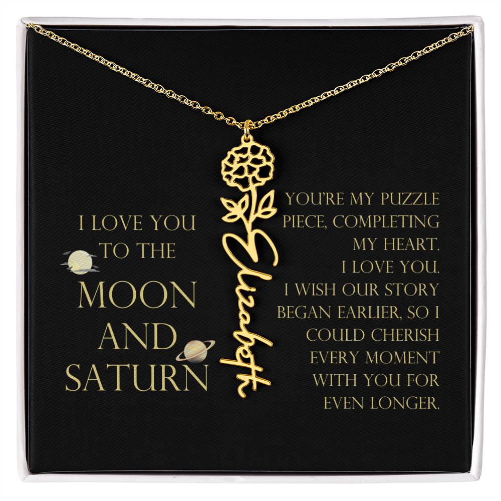 Love You To Moon and Saturn - My Puzzle Piece Flower Name Necklace