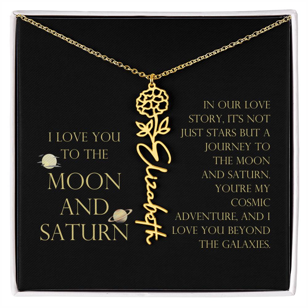 Love You To Moon and Saturn - Love Story Flower Name Necklace