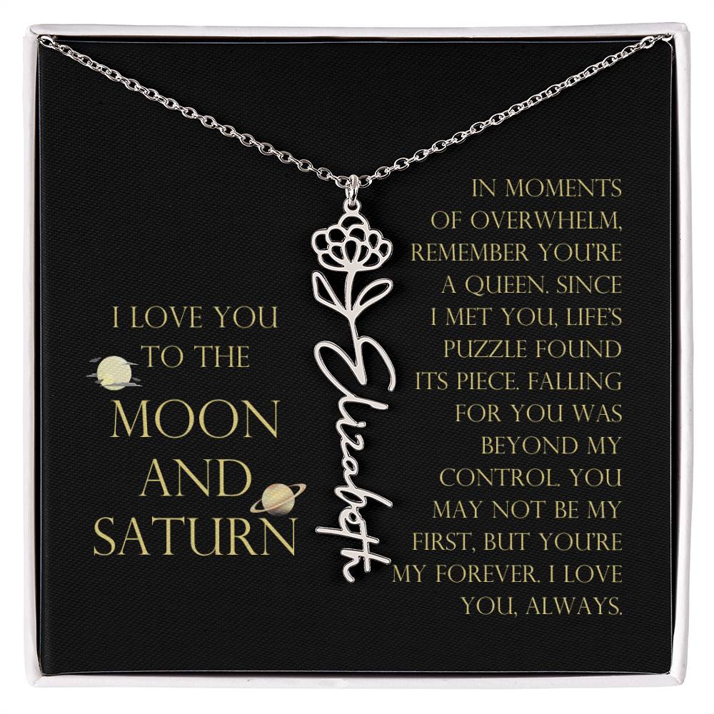 Love You To Moon and Saturn - Life's Puzzle Found It's Piece Flower Name Necklace